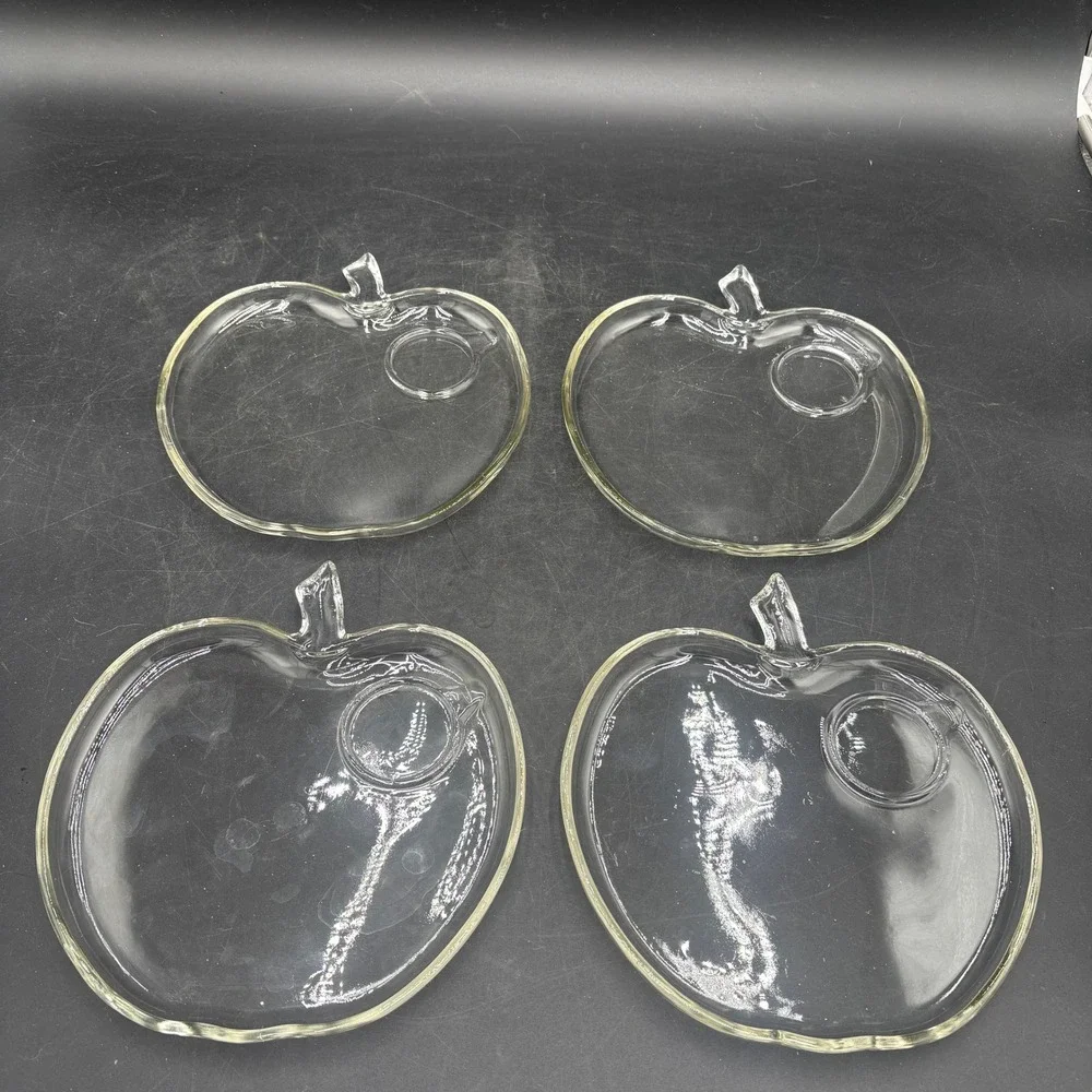 Vtg Hazel Atlas Clear Glass Apple Shaped Snack Plates Set of 4 Luncheon Trays